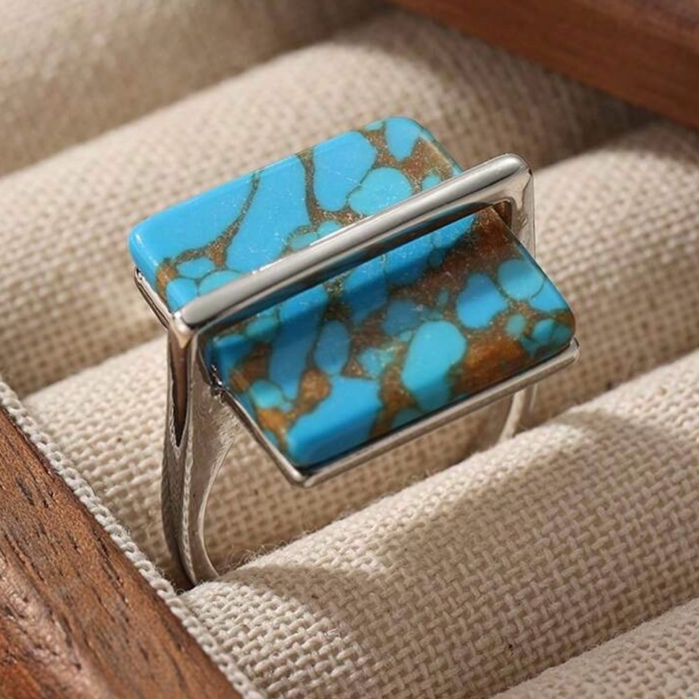 Turquoise and Silver Modern Statement Ring - Picture 2 of 10